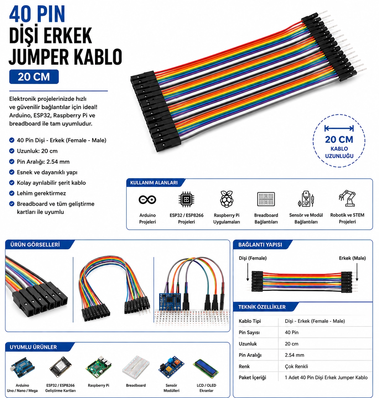 40 Pin Dişi Erkek Jumper Kablo 20 cm