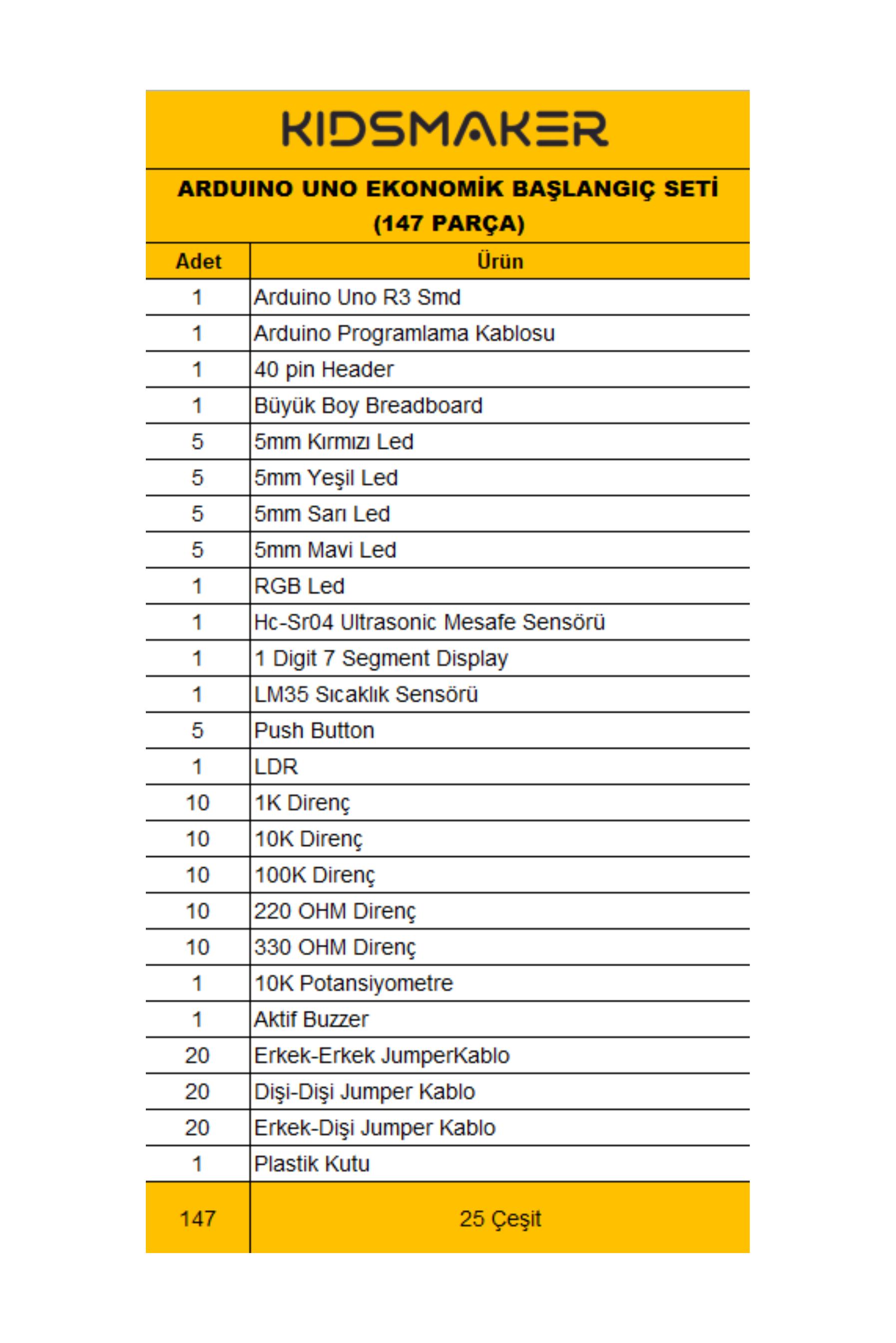 Arduino 147 Parça Ekonomik Başlangıç Seti ( Malzeme Kutulu )