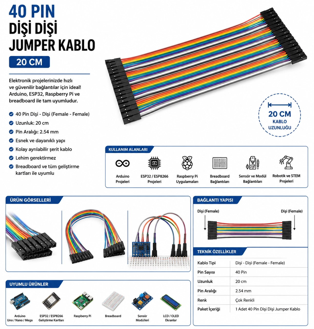 40 Pin Dişi Dişi Jumper Kablo 20 cm