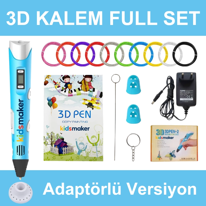 Mavi 3D Kalem Full Set-Adaptörlü-Şablon Kitabı-Filament-Temizleme Çubuğu-Parmak Koruyucu-Anahtarlık