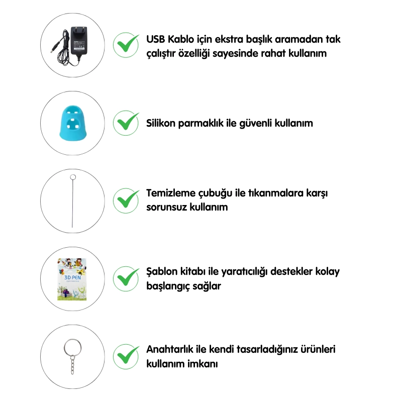 Mavi 3D Kalem Full Set-Adaptörlü-Şablon Kitabı-Filament-Temizleme Çubuğu-Parmak Koruyucu-Anahtarlık