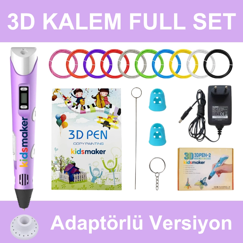Mor 3D Kalem Full Set-Adaptörlü-Şablon Kitabı-Filament-Temizleme Çubuğu-Parmak Koruyucu-Anahtarlık