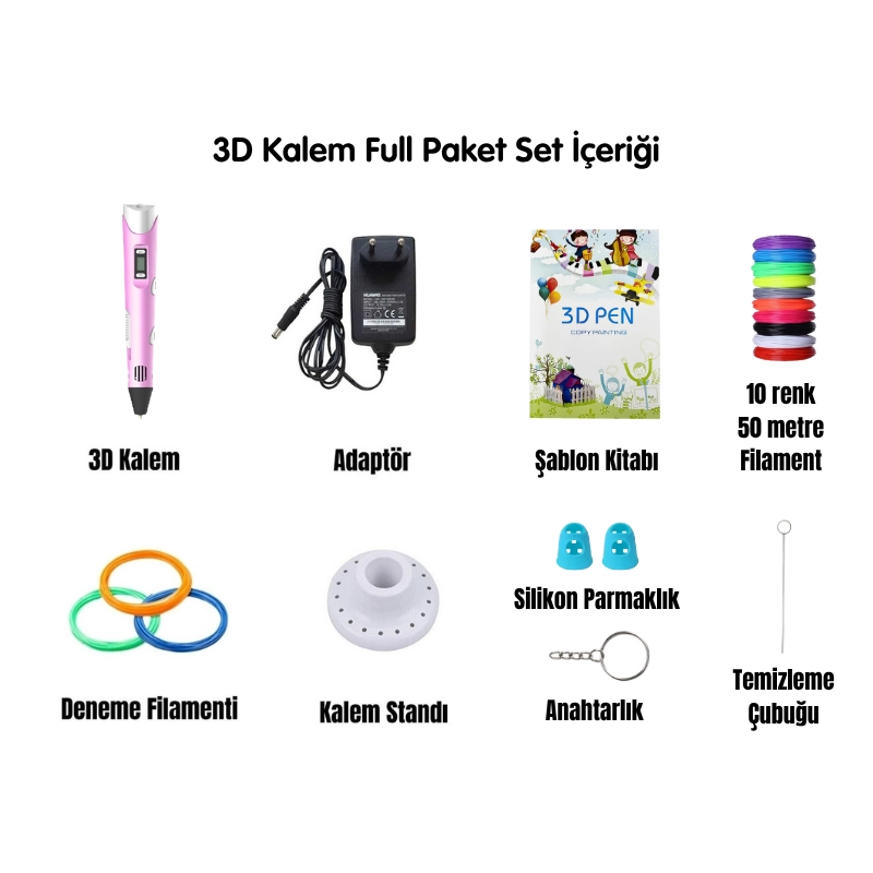 Mor 3D Kalem Full Set-Adaptörlü-Şablon Kitabı-Filament-Temizleme Çubuğu-Parmak Koruyucu-Anahtarlık