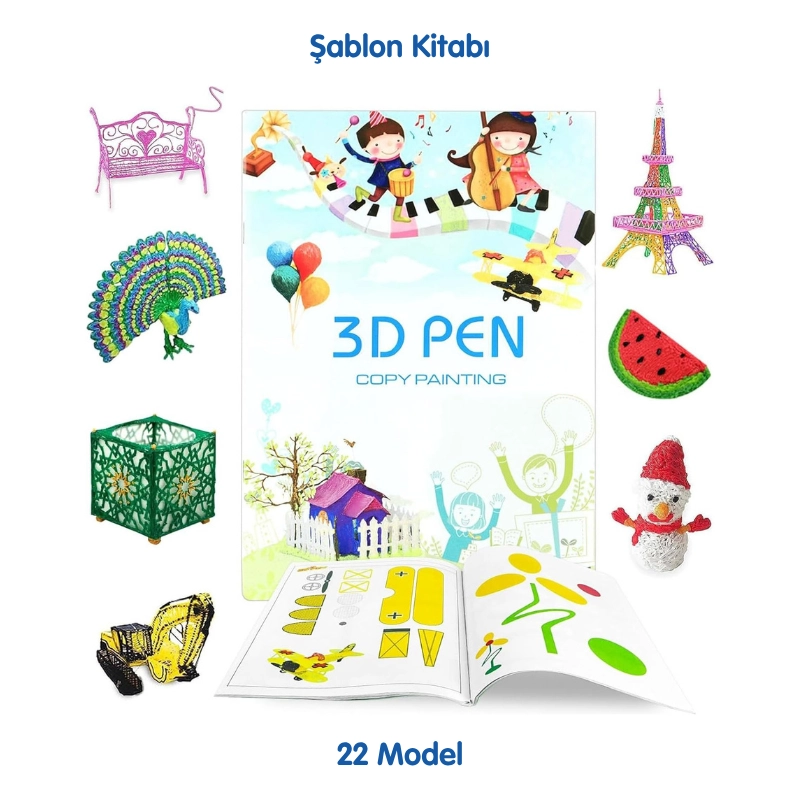 Mor 3D Kalem Full Set-Adaptörlü-Şablon Kitabı-Filament-Temizleme Çubuğu-Parmak Koruyucu-Anahtarlık