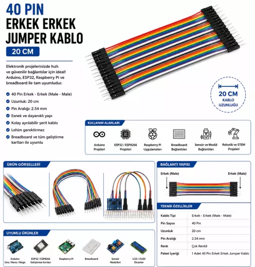 40 Pin Erkek Erkek Jumper Kablo 20 cm