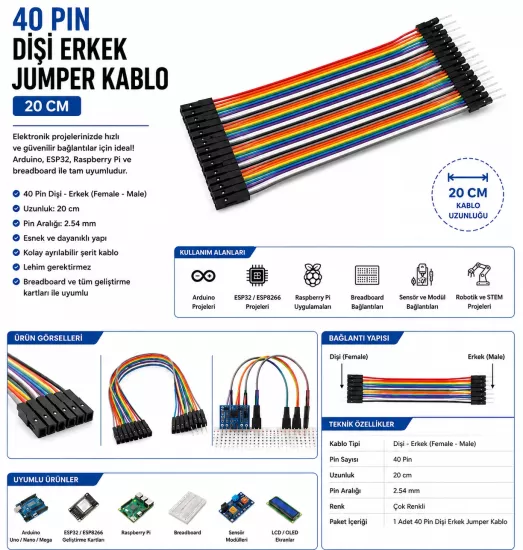 40 Pin Dişi Erkek Jumper Kablo 20 cm